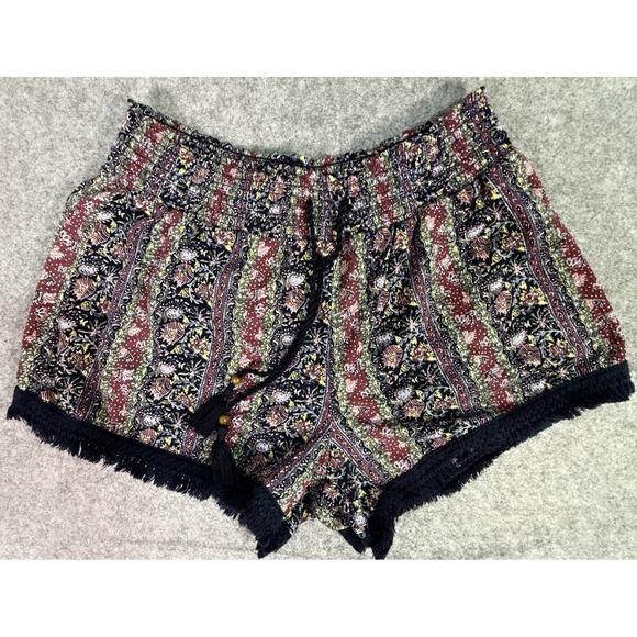 No Boundaries Pants - Boho Pattern Smocked Waist Tassel Drawstring Shorts Women XL Coachella Festival